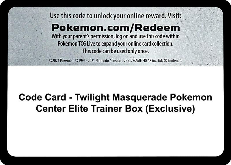 Code Card - Twilight Masquerade Pokemon Center Elite Trainer Box (Exclusive) - Code Card