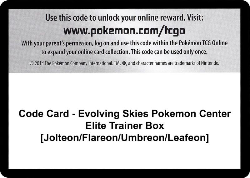 Code Card - Evolving Skies Pokemon Center Elite Trainer Box [Jolteon/Flareon/Umbreon/Leafeon] - Code Card